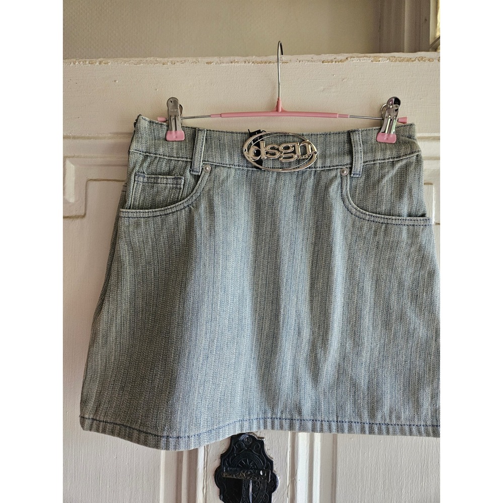 Boohoo Blue Denim Mini Skirt Y2K Dsgn Buckle Light Wash Womens US 4 UK 8
